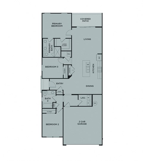 A floor plan of a house with a primary bedroom, a living room, a dining room, a kitchen, two bathrooms, and a covered patio.